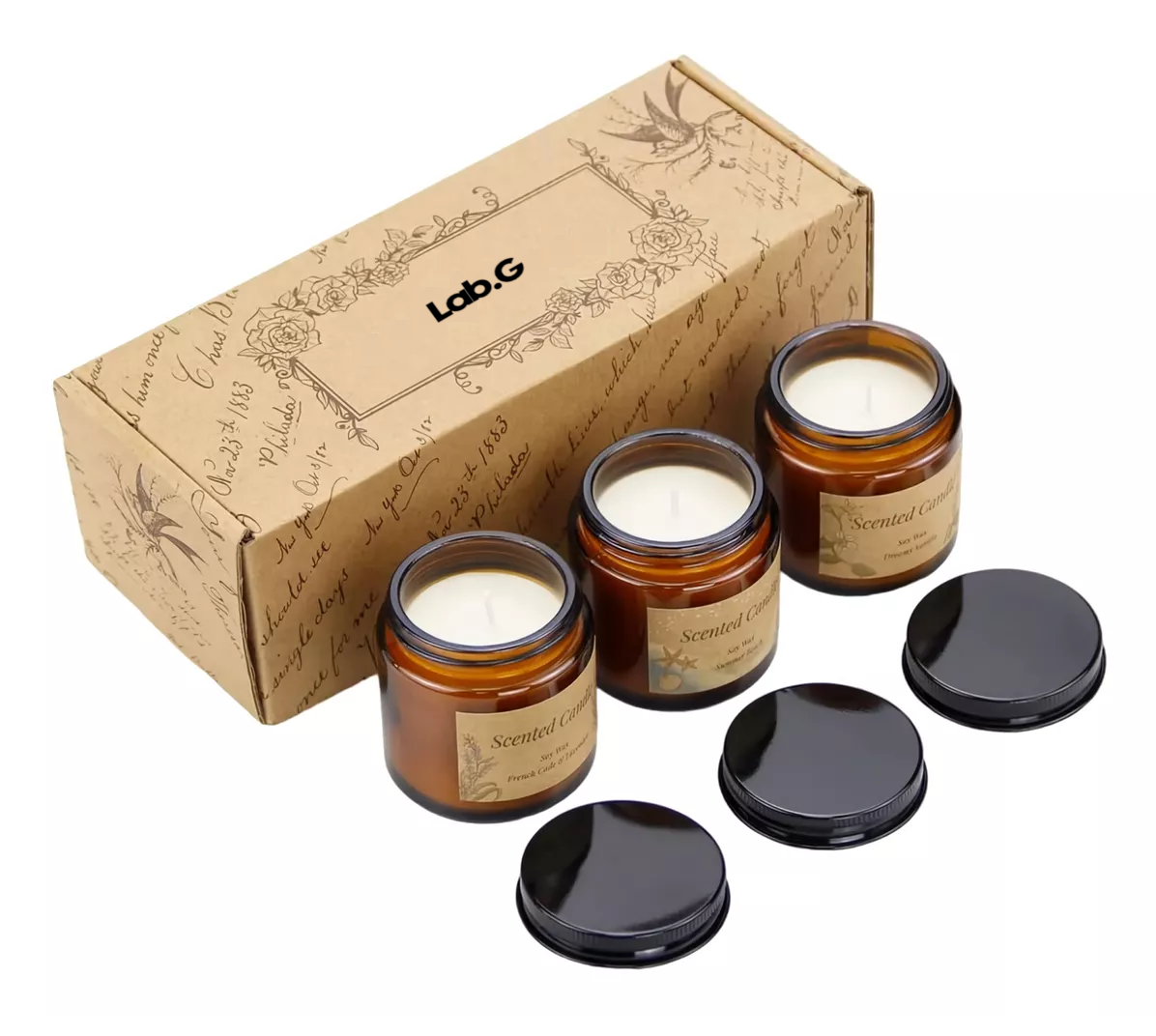 3 Velas Aromáticas Decorativas 100% Soya Aromaterapia 3.5oz Vainilla, Campanilla, Lavanda