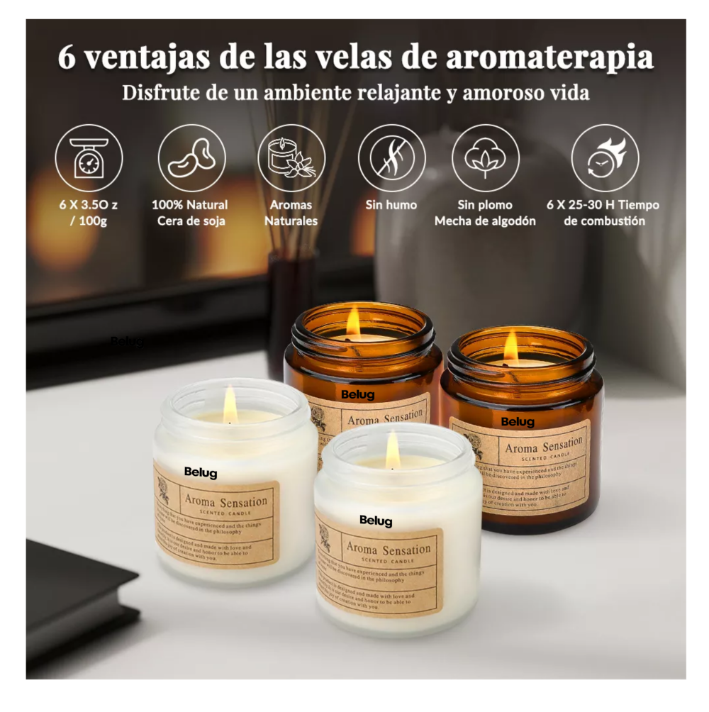 Foto 5 pulgar | Velas Aromáticas Decorativas Belug de Soja 600 g 6 Piezas