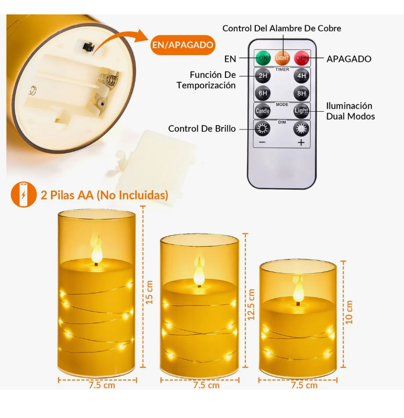 Foto 2 | Vela Eléctrica Xtellar Led Control Remoto sin Llama Impermeables 3 piezas