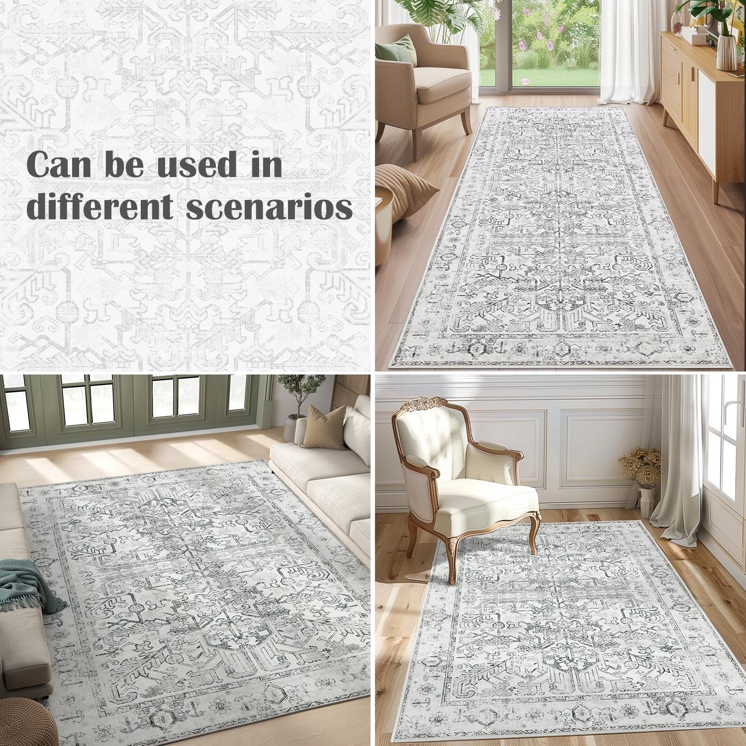 Foto 7 pulgar | Alfombra Runner Jinchan Con Estampado Floral Vintage, 60 X 240 Cm, Color Gris, Lavable - Venta Internacional.