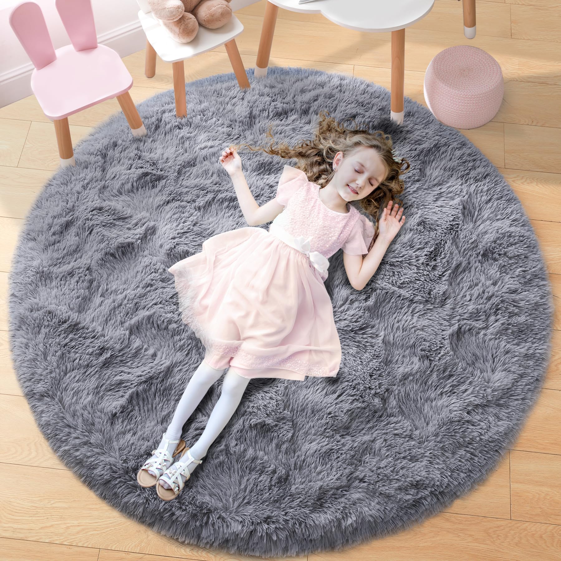 Alfombra Redonda Noahas Fluffy de 120 Cm Color Gris - Venta Internacional $1,039