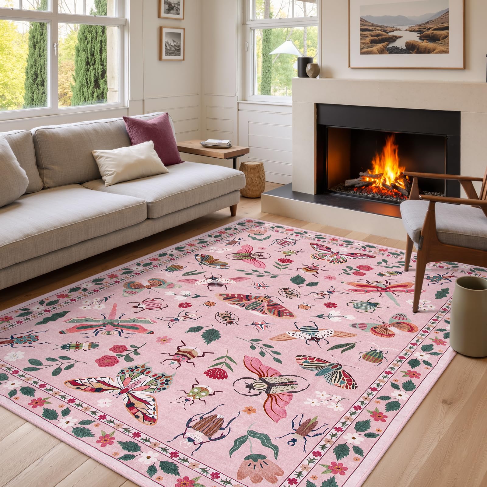 Alfombra Lahome, Lavable Con Insectos, 180 X 270 Cm, Para Salón, Color Rosa - Venta Internacional.