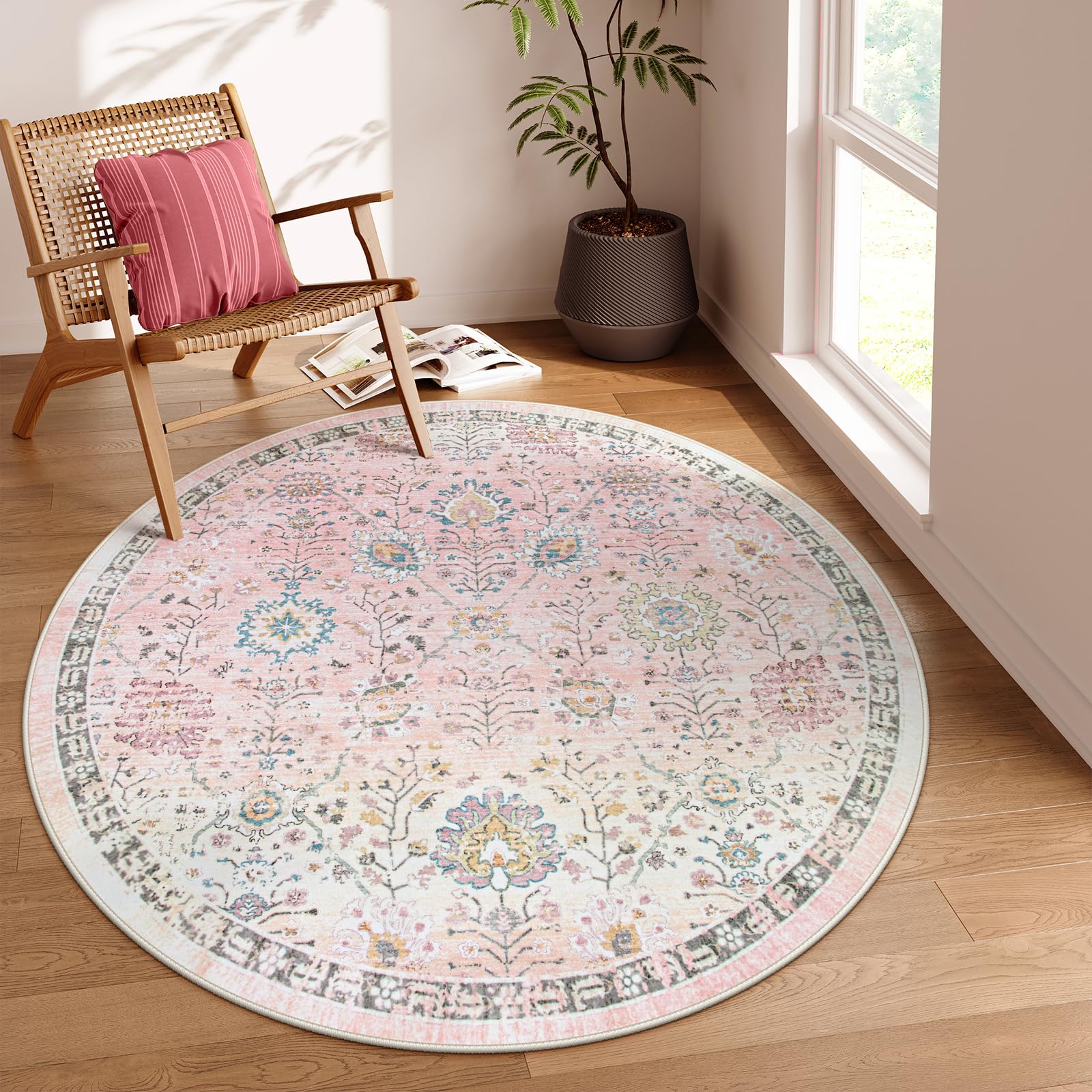 Alfombra Lahome, Rosa Claro, Bohemio, Redonda, 180 Cm, Lavable, Antideslizante - Venta Internacional.