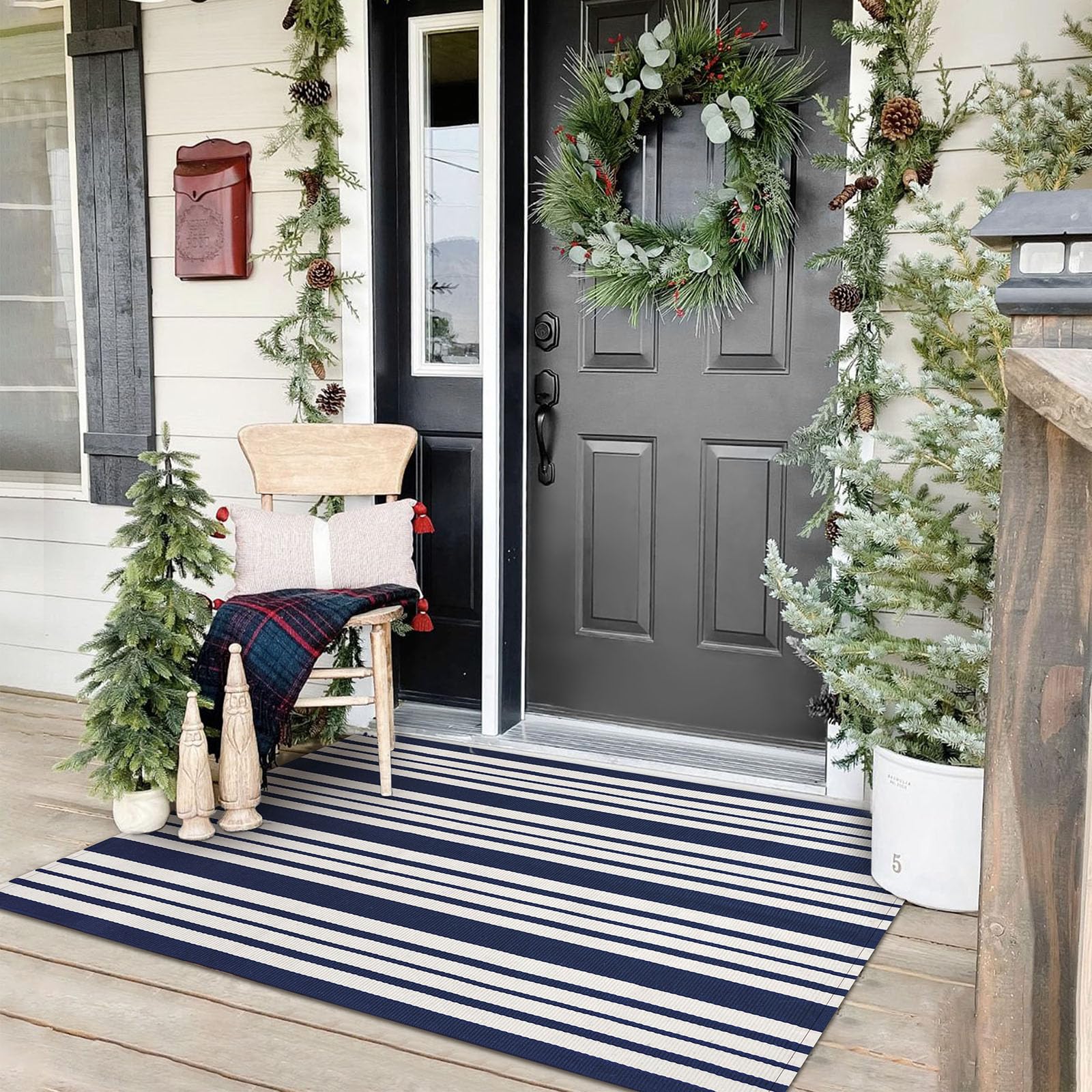 Alfombra De Exterior Kozyfly A Rayas De 90 X 150 Cm, Lavable, Azul Marino Y Blanco - Venta Internacional.