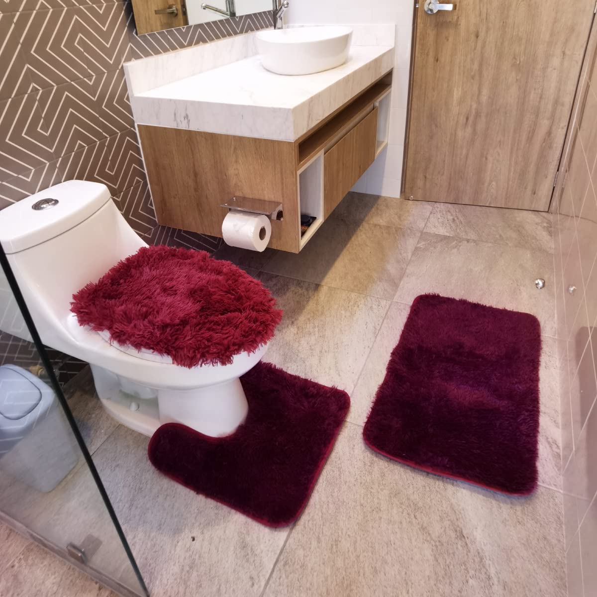 Foto 4 pulgar | Tapete de Baño INNOVA Shag color Vino Juego 3 PZAS Alfombrillas