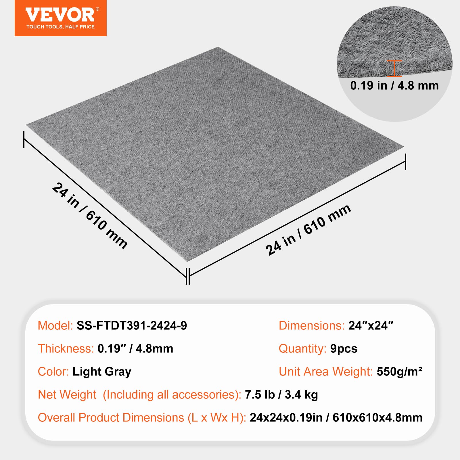 Foto 7 | Alfombra Vevor Autoadhesiva, 60 X 60 Cm, Gris Claro (9 Baldosas) - Venta Internacional.