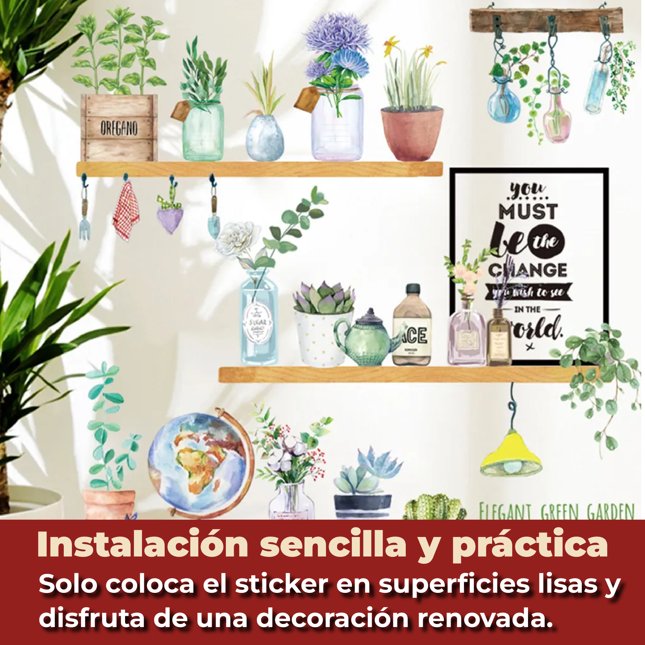 Foto 5 pulgar | Sticker Vinil Decorativo Con Diseño De Plantas En Estantes Para Pared