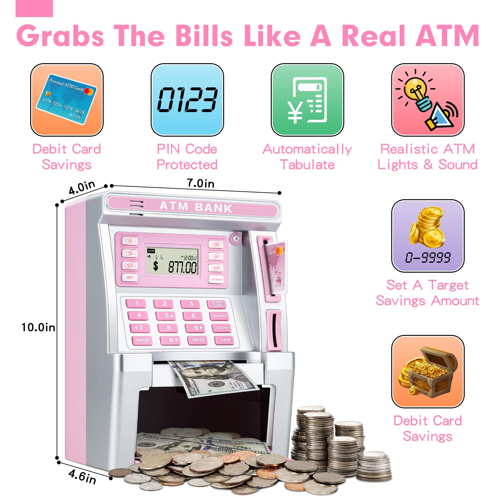 Foto 4 pulgar | Cajero Automático Baodlon De Piggy Bank Para Niños Con Tarjeta De Débito, Color Rosa - Venta Internacional.