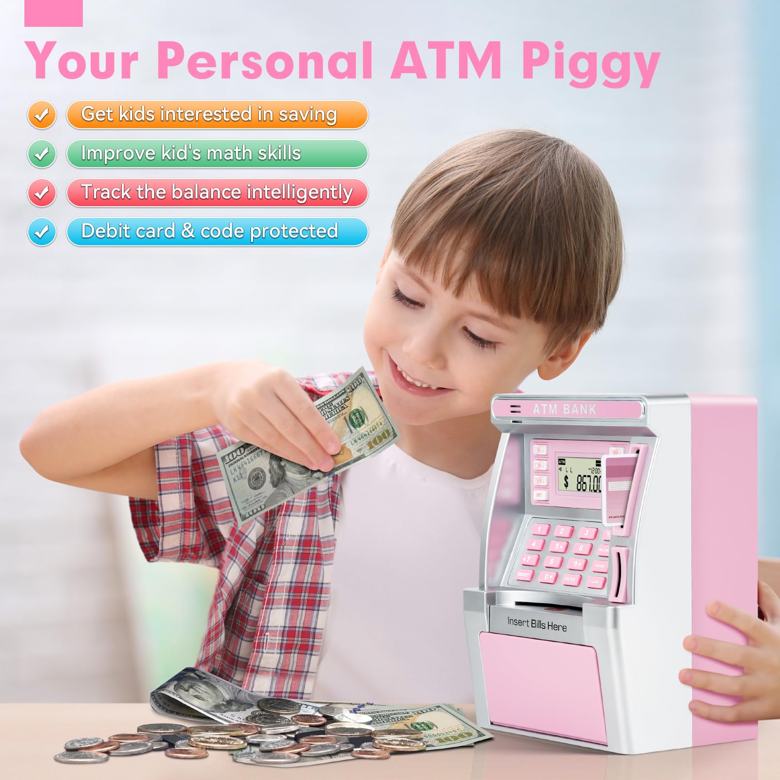 Foto 6 pulgar | Cajero Automático Baodlon De Piggy Bank Para Niños Con Tarjeta De Débito, Color Rosa - Venta Internacional.