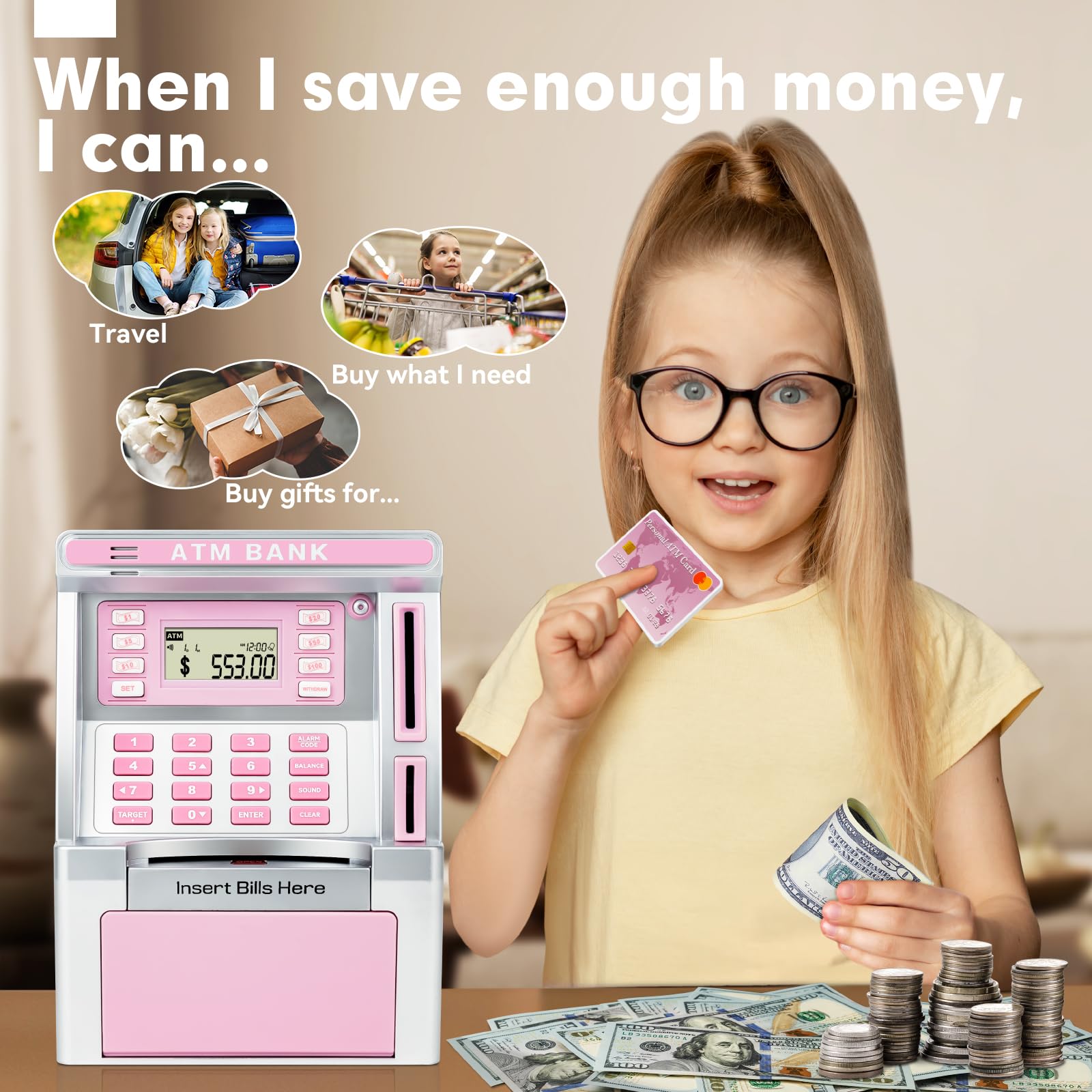 Foto 7 pulgar | Cajero Automático Baodlon De Piggy Bank Para Niños Con Tarjeta De Débito, Color Rosa - Venta Internacional.