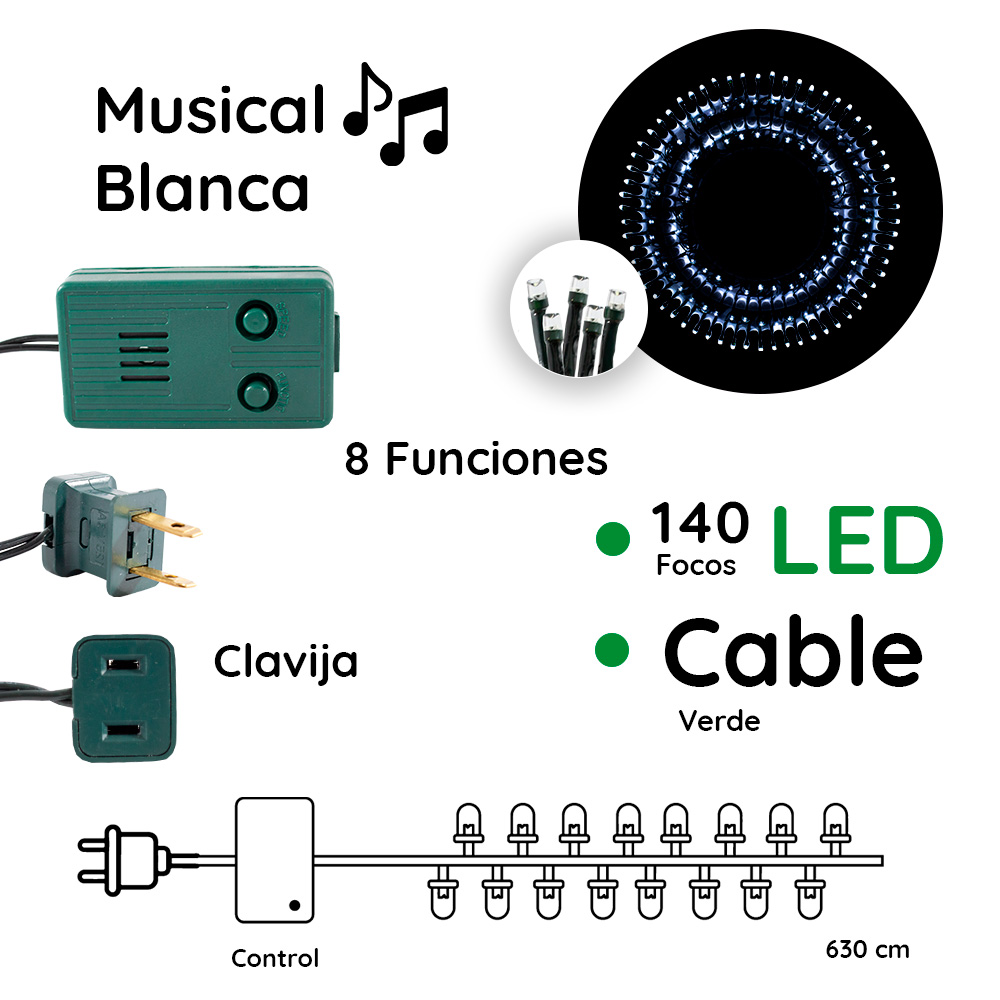 Foto 3 pulgar | Serie Decorativa Genérico Luz Led Blanca Musical 140 Focos 8 Funciones Cable Verde 6 m