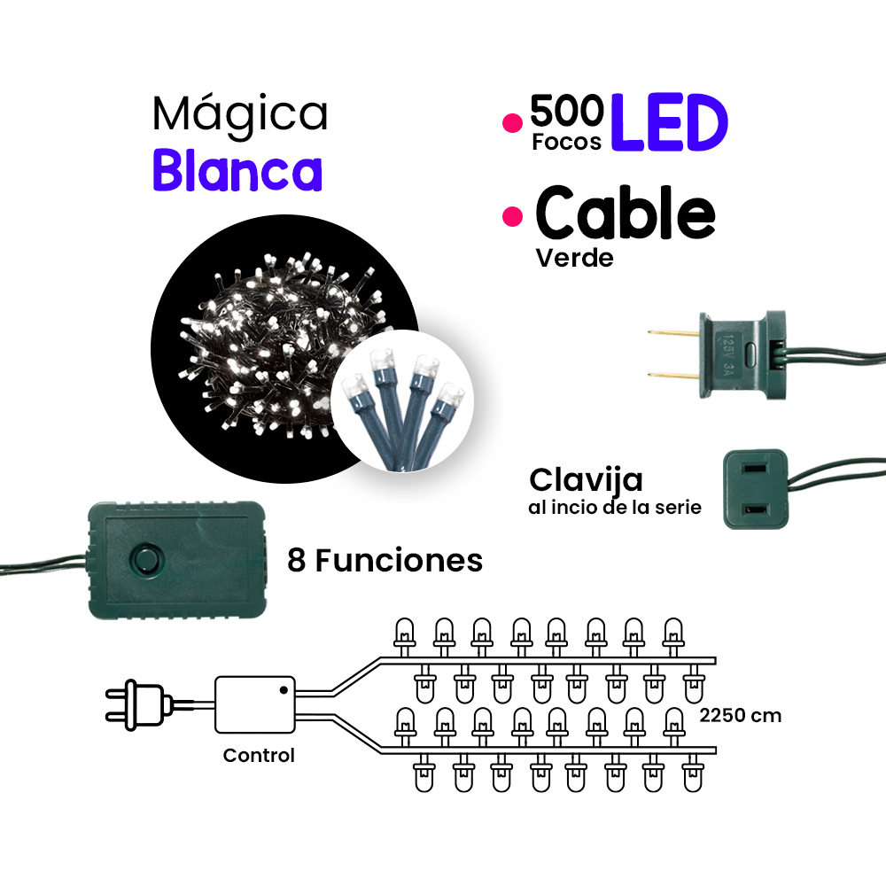 Foto 3 pulgar | Serie Decorativa Luz Led color Blanca Fría 500 Focos 8 Funciones Cable color Verde 25 m