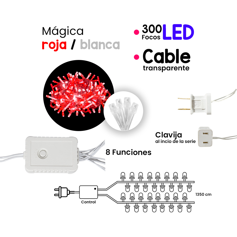 Foto 3 pulgar | Serie Decorativa Genérico Luz Led color Rojo con Blanco con 300 Focos 8 Funciones Cable Transparente 15 m