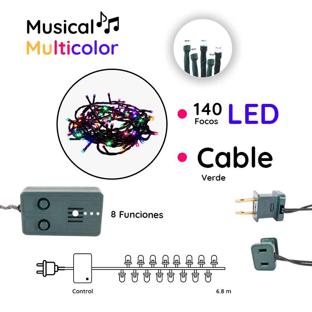 Foto 3 pulgar | Serie Decorativa Luz Led Multicolor Musical 140 Focos 8 Funciones Cable color Verde 6 m