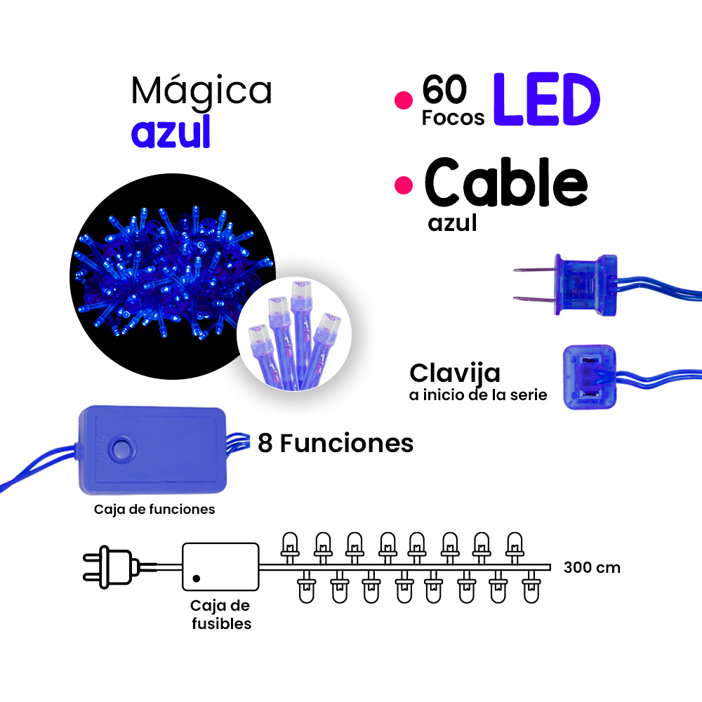 Foto 3 pulgar | Serie Decorativa Paquete 12 Pz Luz Led color Azul 60 Focos 8 Funciones Cable color Azul 3 M