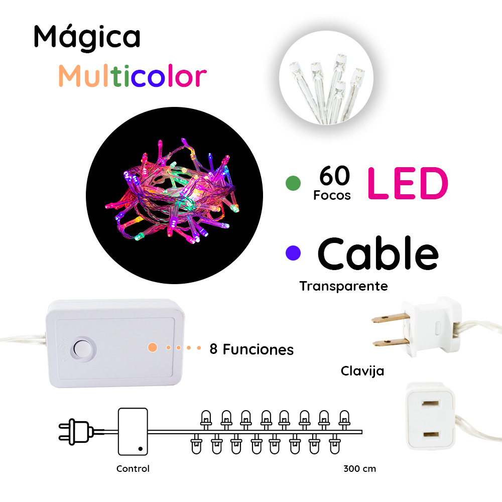 Foto 2 | Serie Decorativa Genérico Paquete 6 Piezas Luz Led Multicolor 60 Focos 8 Funciones Cable Transparente 3 m