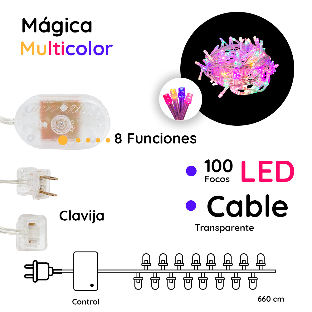 Foto 3 pulgar | Serie Decorativa Paquete 6 Pz Luz Led Multicolor 100 Focos 8 Funciones Cable Transparente 7 M