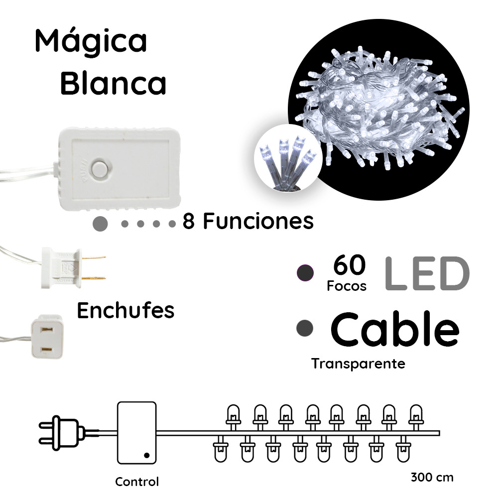 Foto 2 | Serie Decorativa Genérico L554436-6 Blanco 6 Piezas Luz Led Blanco Frío 60 Focos 8 Funciones Cable Transparente 3 m