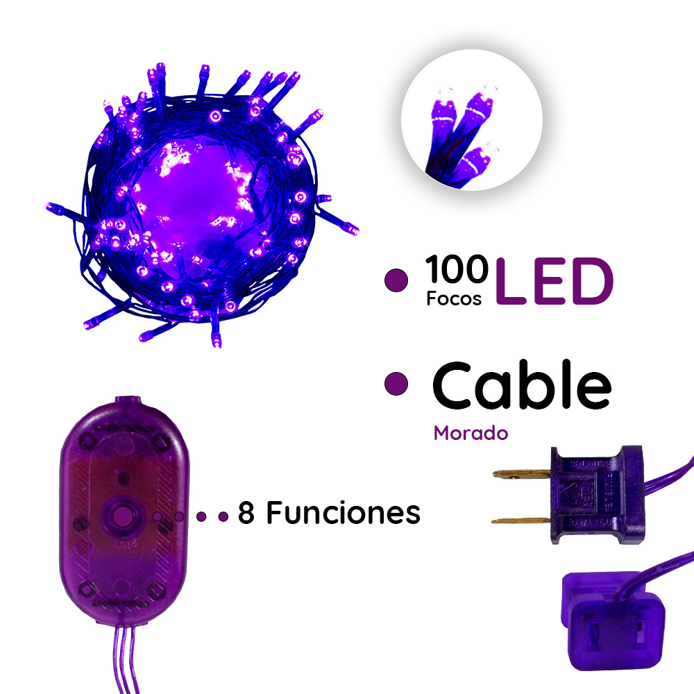 Foto 4 pulgar | Serie Decorativa Genérico Luz Led Morada 100 Focos 8 Funciones Cable Morado 7 m