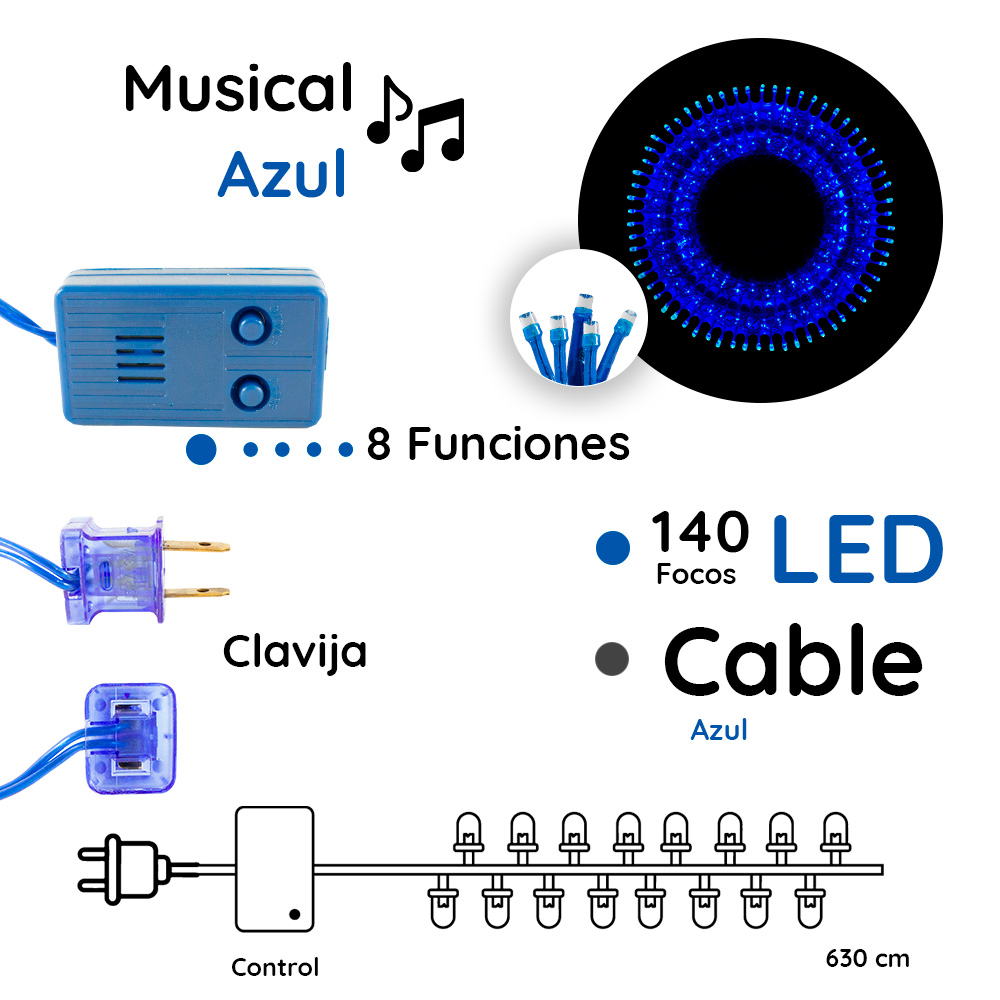 Foto 3 pulgar | Serie Decorativa Luz Led color Azul Musical 140 Focos 8 Funciones Cable color Azul 6 M