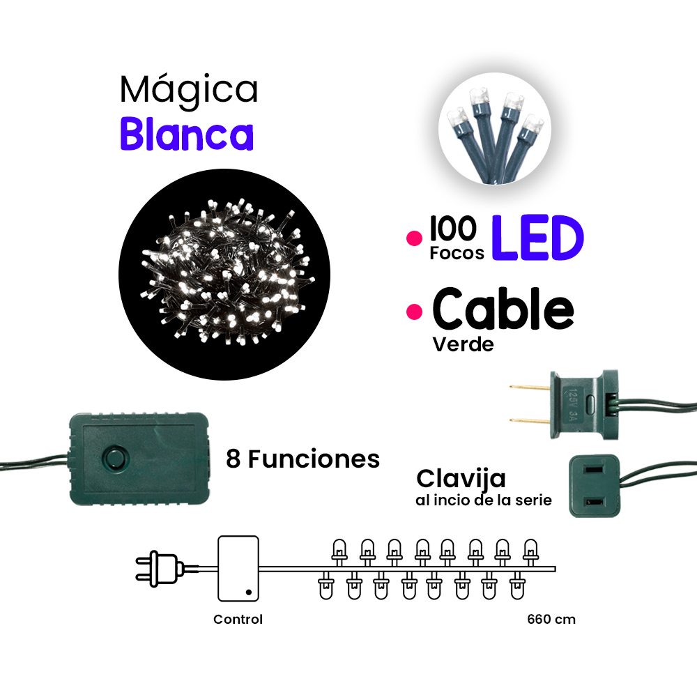 Foto 2 | Serie Decorativa Paquete 12 Pz Luz Led Blanca 100 Focos 8 Funciones Cable color Verde 7 m