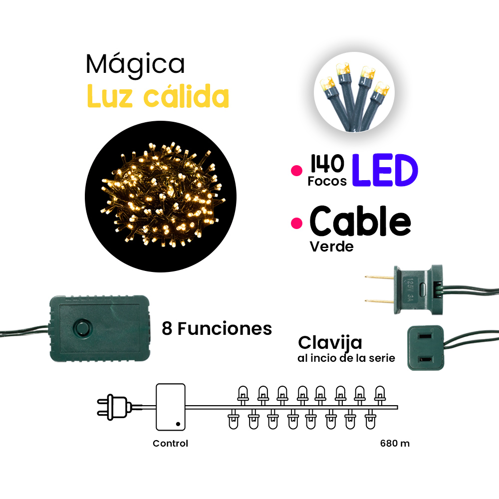 Foto 2 | Serie Decorativa Paquete 12 Pz Luz Led Cálida 140 Focos 8 Funciones Cable color Verde 6.3 m