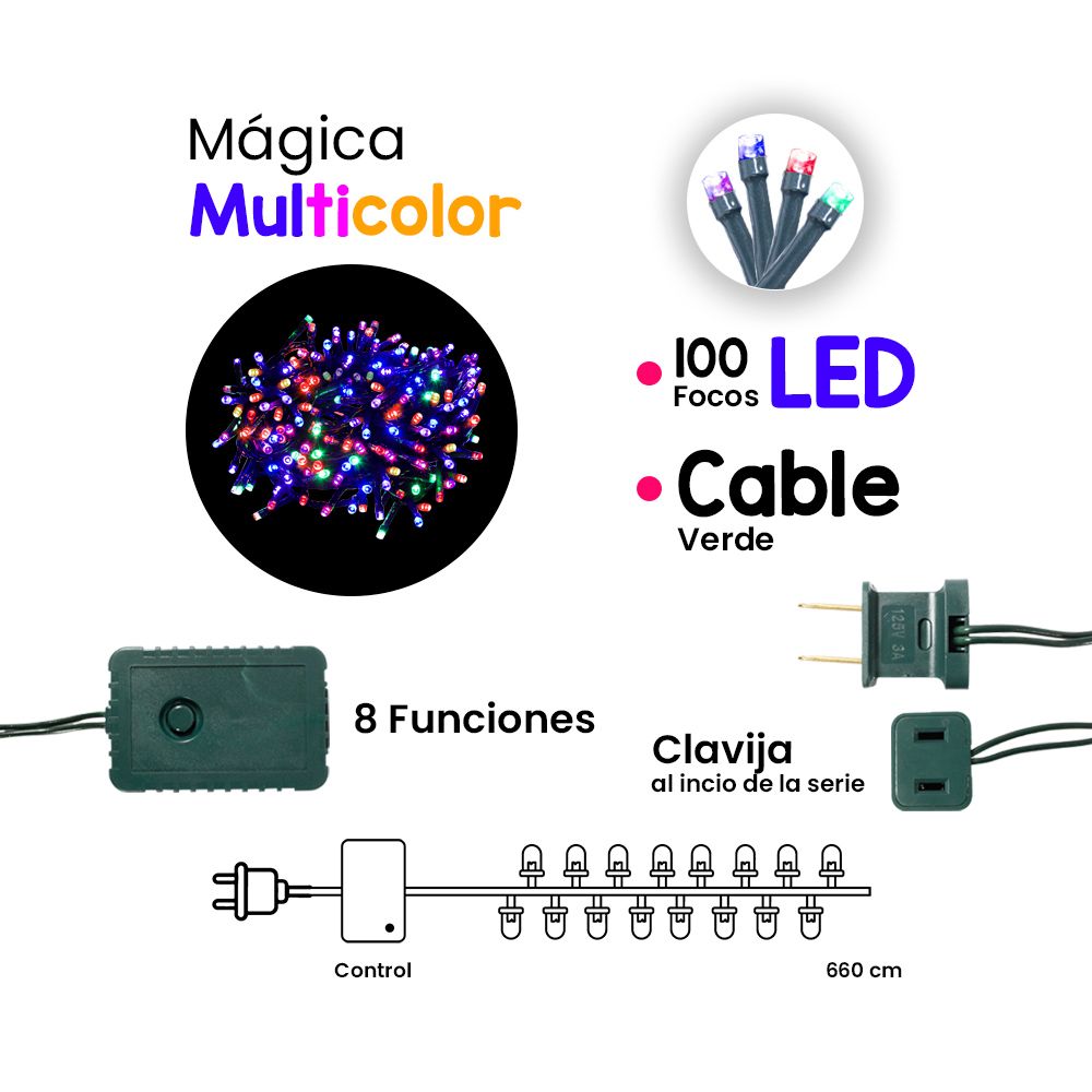 Foto 2 | Serie Decorativa Importadora La Merced Paquete 12 Piezas Luz Led Multicolor 100 Focos 8 Funciones Cable Verde 7 m