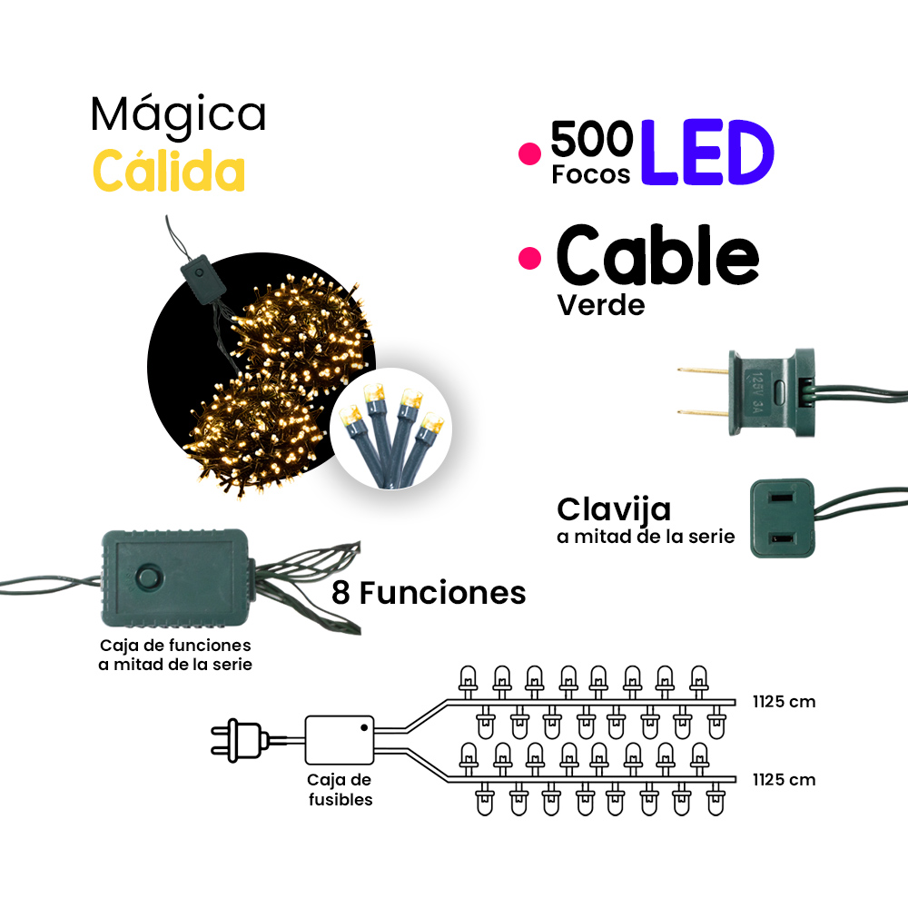 Foto 3 pulgar | Serie Decorativa Paquete 3 Pz Luz Led Cálida 500 Focos 8 Funciones Cable color Verde 22 m