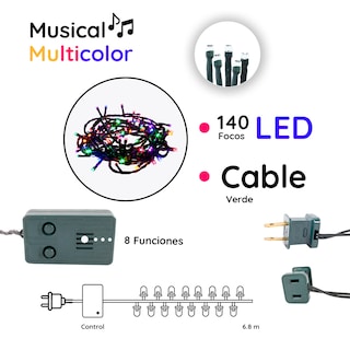 Foto 2 | Serie Decorativa Paquete 6 Pz Luz Led Multicolor Musical 140 Focos 8 Funciones Cable color Verde 6 m