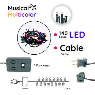 Foto 2 | Serie Decorativa Paquete 12 Pz Luz Led Multicolor Musical 140 Focos 8 Funciones Cable color Verde 6 m
