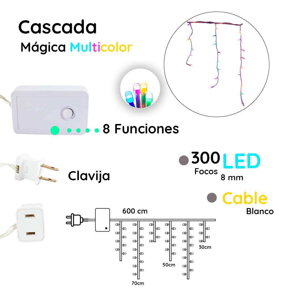 Foto 3 pulgar | Cascada Decorativa Importadora La Merced Luz Led Multicolor 300 Focos 8 Funciones Cable Blanco 6 m