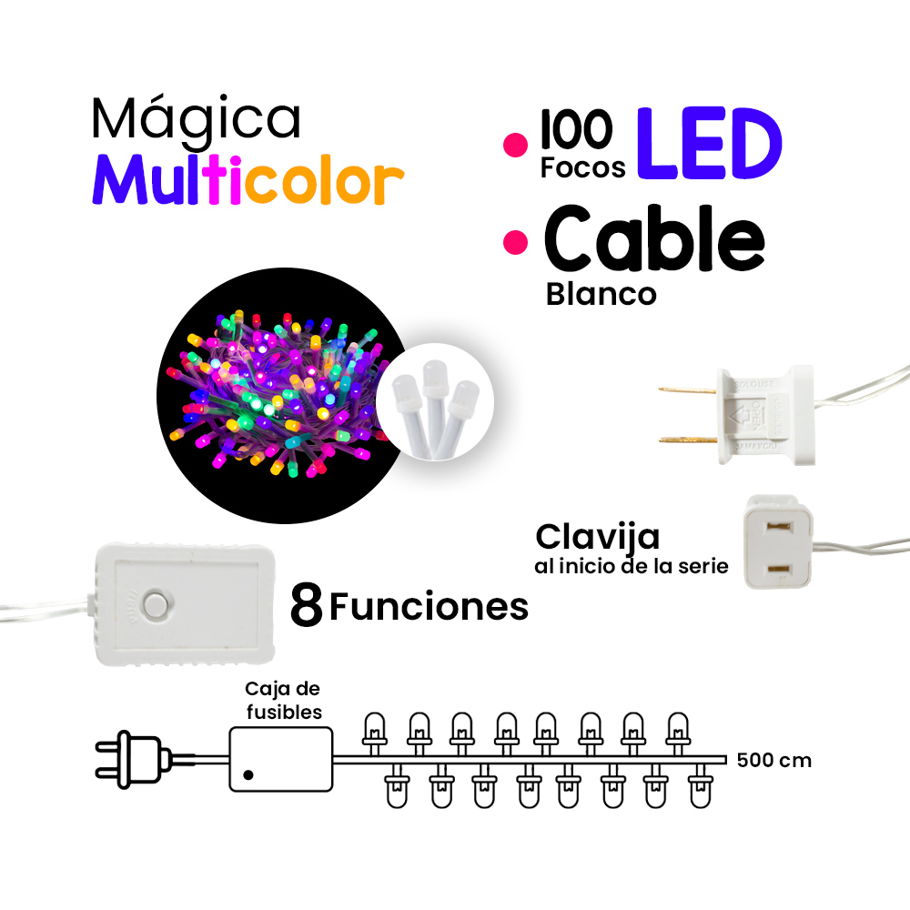 Foto 2 | Serie Decorativa Importadora La Merced Paquete 12 Piezas Luz Led Multicolor 100 Focos 8 Funciones Cable Blanco 5 m