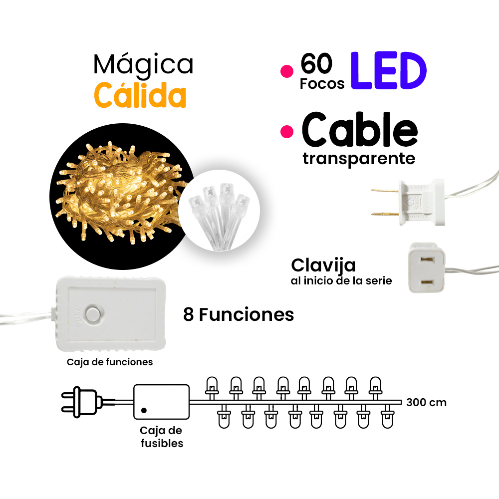 Foto 3 pulgar | Serie Decorativa Importadora La Merced Paquete 6 Piezas Luz Led Cálida 60 Focos 8 Funciones Cable 3 m