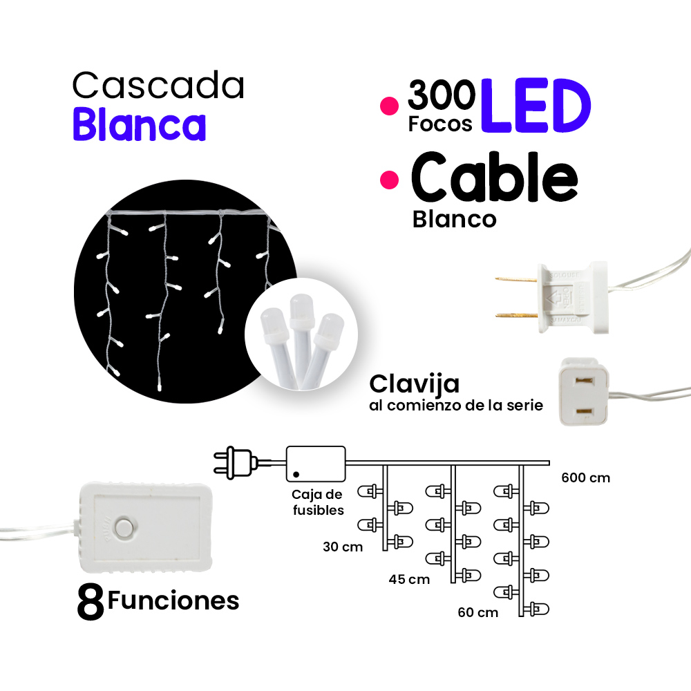 Foto 3 pulgar | Cascada Decorativa Importadora La Merced Paquete 3 Piezas Luz Led Blanco 300 Focos 8 Funciones Cable Blanco 6 m