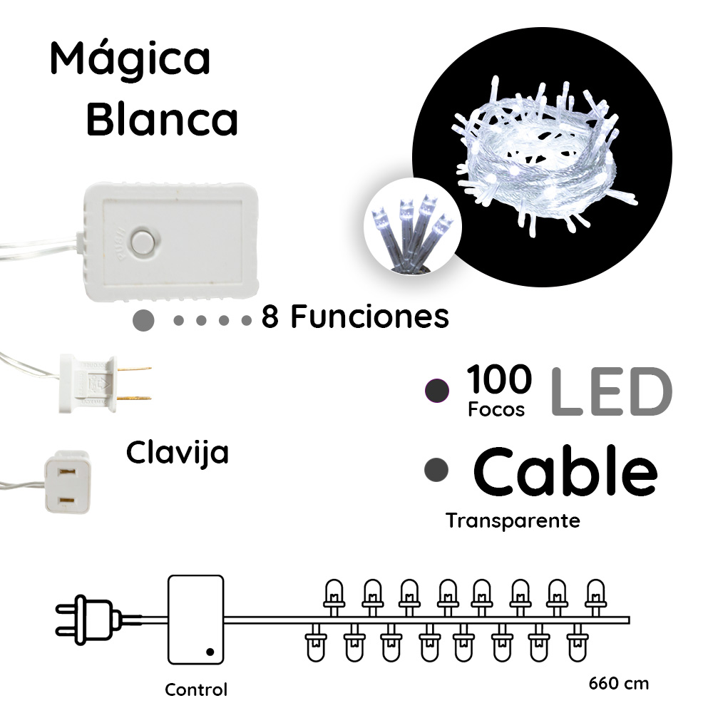 Foto 3 pulgar | Serie Decorativa Importadora La Merced Luz Led Blanco Frío Paquete 12 Piezas 100 Focos 8 Funciones Cable 7 m