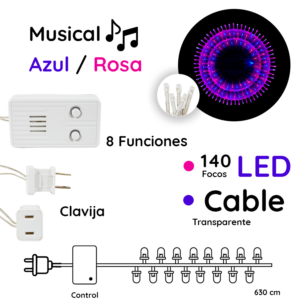 Foto 3 pulgar | Serie Decorativa Importadora La Merced Luz Led Azul/Rosa Paquete 12 Piezas 140 Focos 8 Funciones Cable 6.3 m