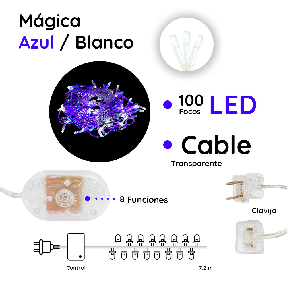 Foto 3 pulgar | Serie Decorativa Importadora La Merced Luz Led Azul/Blanco Paquete 12 Piezas 100 Focos 8 Funciones Cable 6.6 m