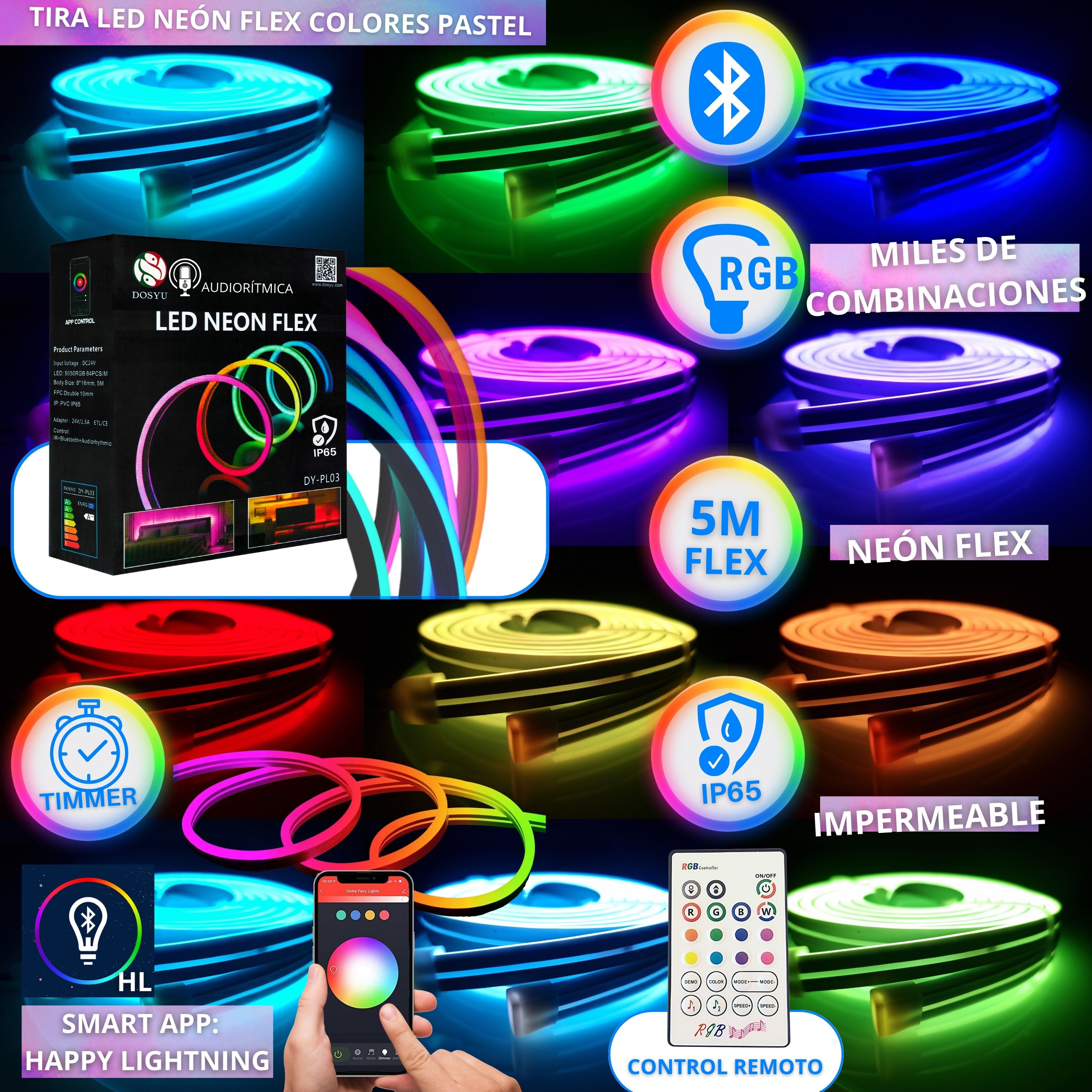 Foto 3 pulgar | Tira Neón Flex RGB LED SMART BLUETOOTH Impermeable DOSYU modelo DY-PL03 5 Metros