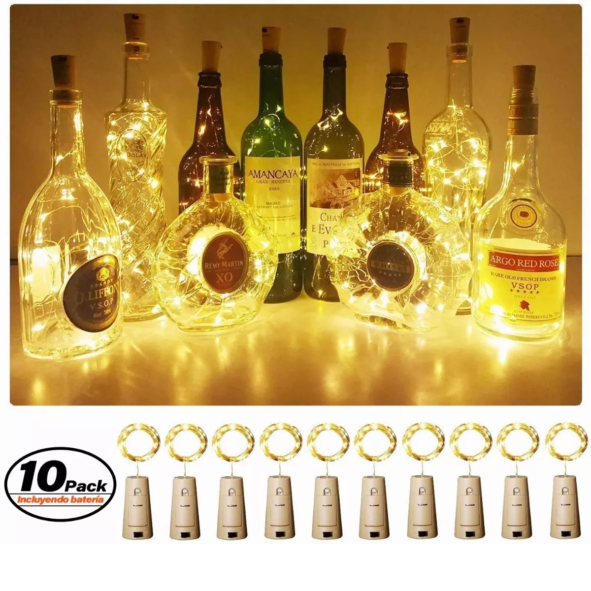 Foto 2 | Set de 10 piezas Luces Led Para Botellas De Vino A Pilas Blanco Calido Eo Safe Imports Esi-1251 Blanco