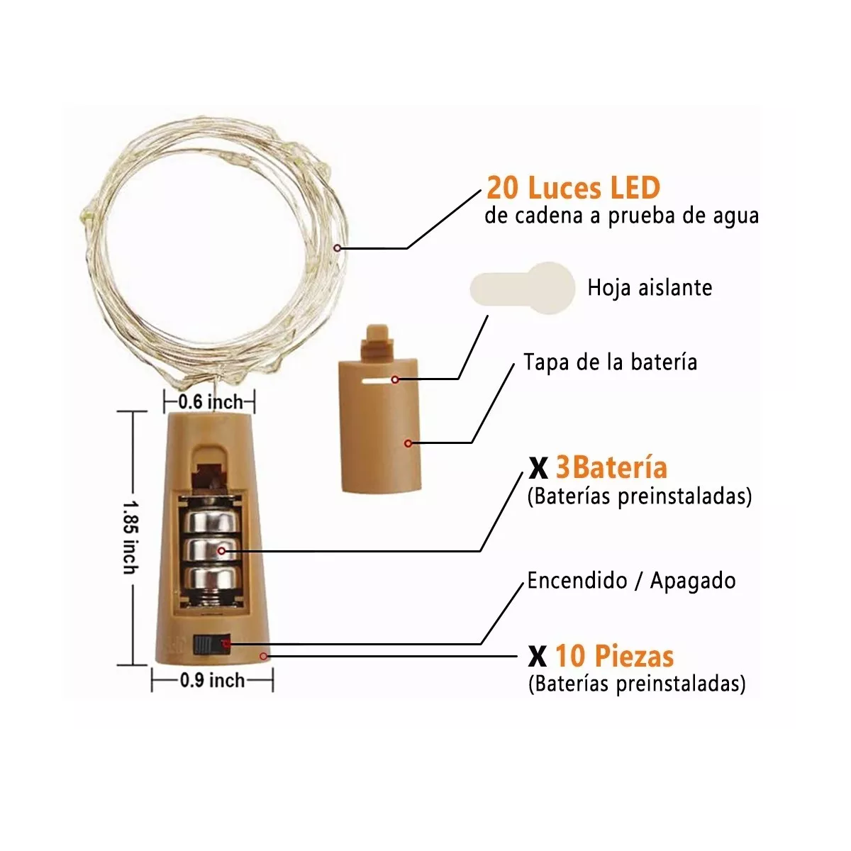 Foto 3 | Set de 10 piezas Luces Led Para Botellas De Vino A Pilas Blanco Calido Eo Safe Imports Esi-1251 Blanco