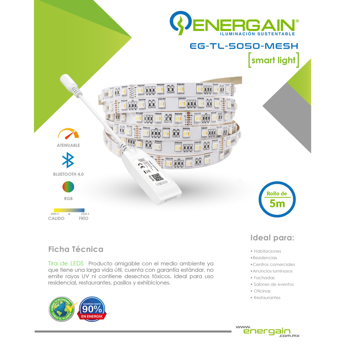 Foto 3 pulgar | Tira Led Energain EG-TL-5050-MESH-F color Blanco 2 Piezas 5 m C/U