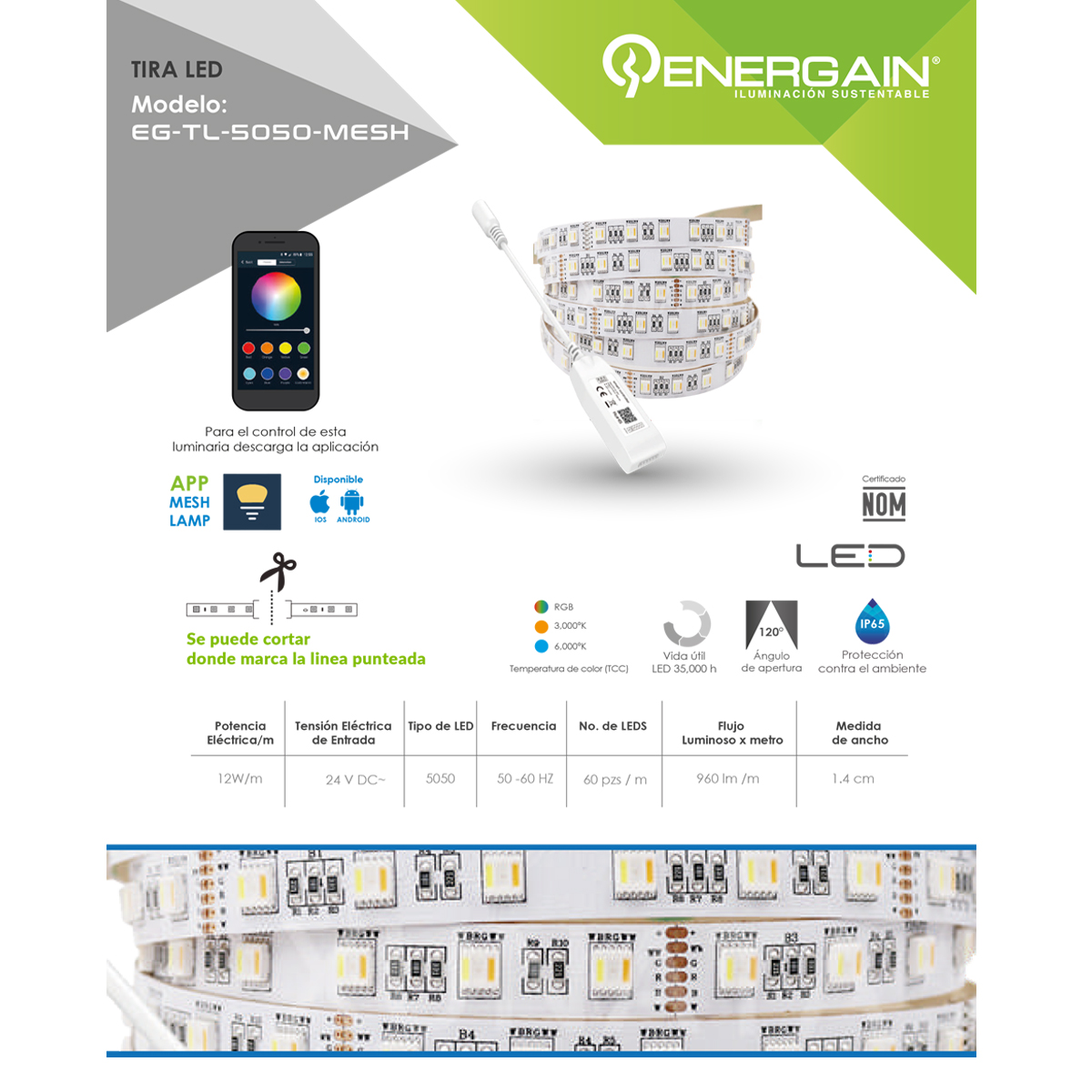 Foto 4 pulgar | Tira Led Energain EG-TL-5050-MESH-F color Blanco 2 Piezas 5 m C/U