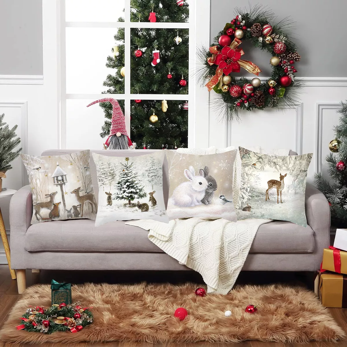 Foto 4 pulgar | 4 Pzs Funda Cojín Navidad Decoración Hogar Regalos Navidad Blanco Animales