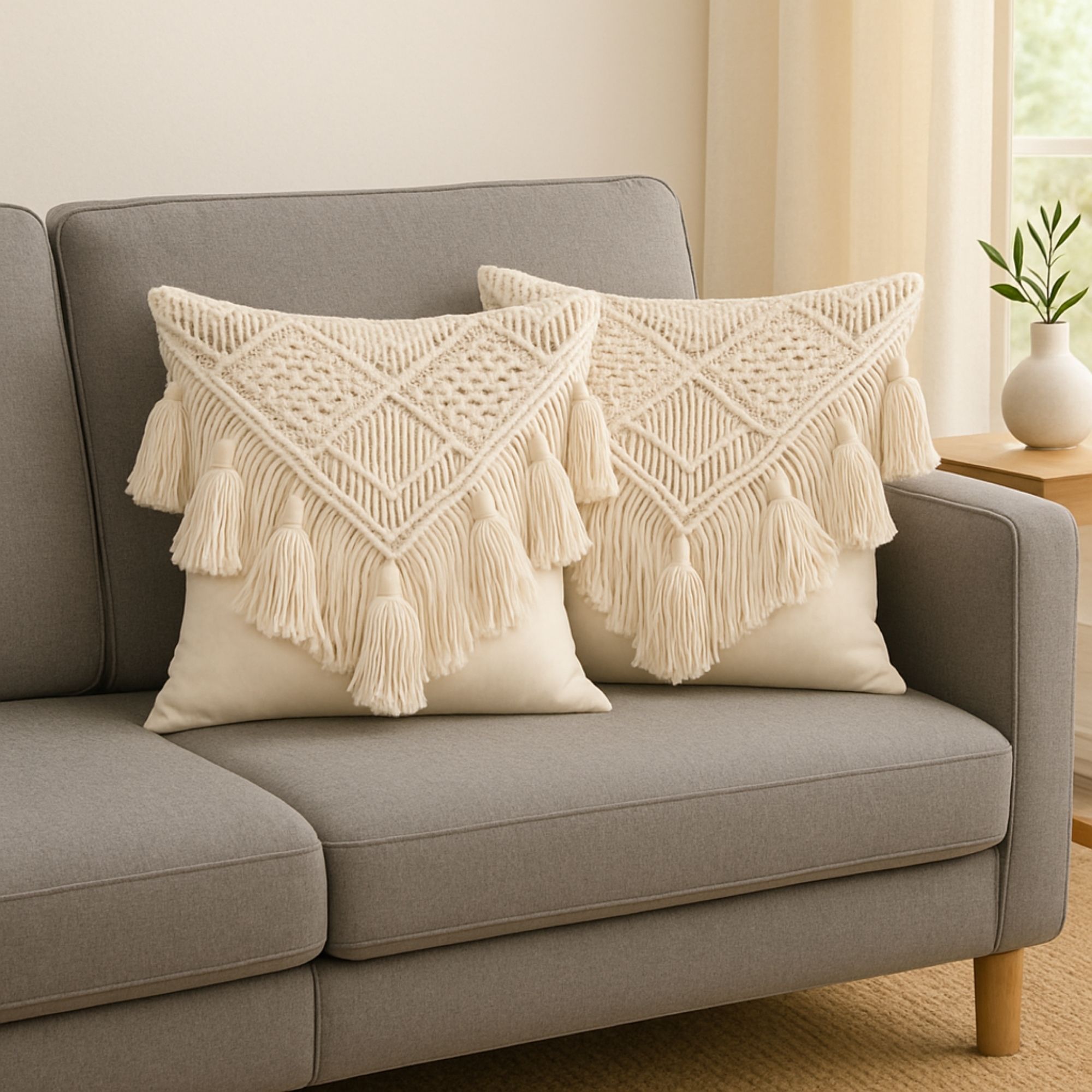 Foto 4 pulgar | Ilios Innova | Set De 2 Fundas Para Cojín Boho Crema  Tejidas A Mano  Decorativas Artesanales Para Sala O Dormitorio.