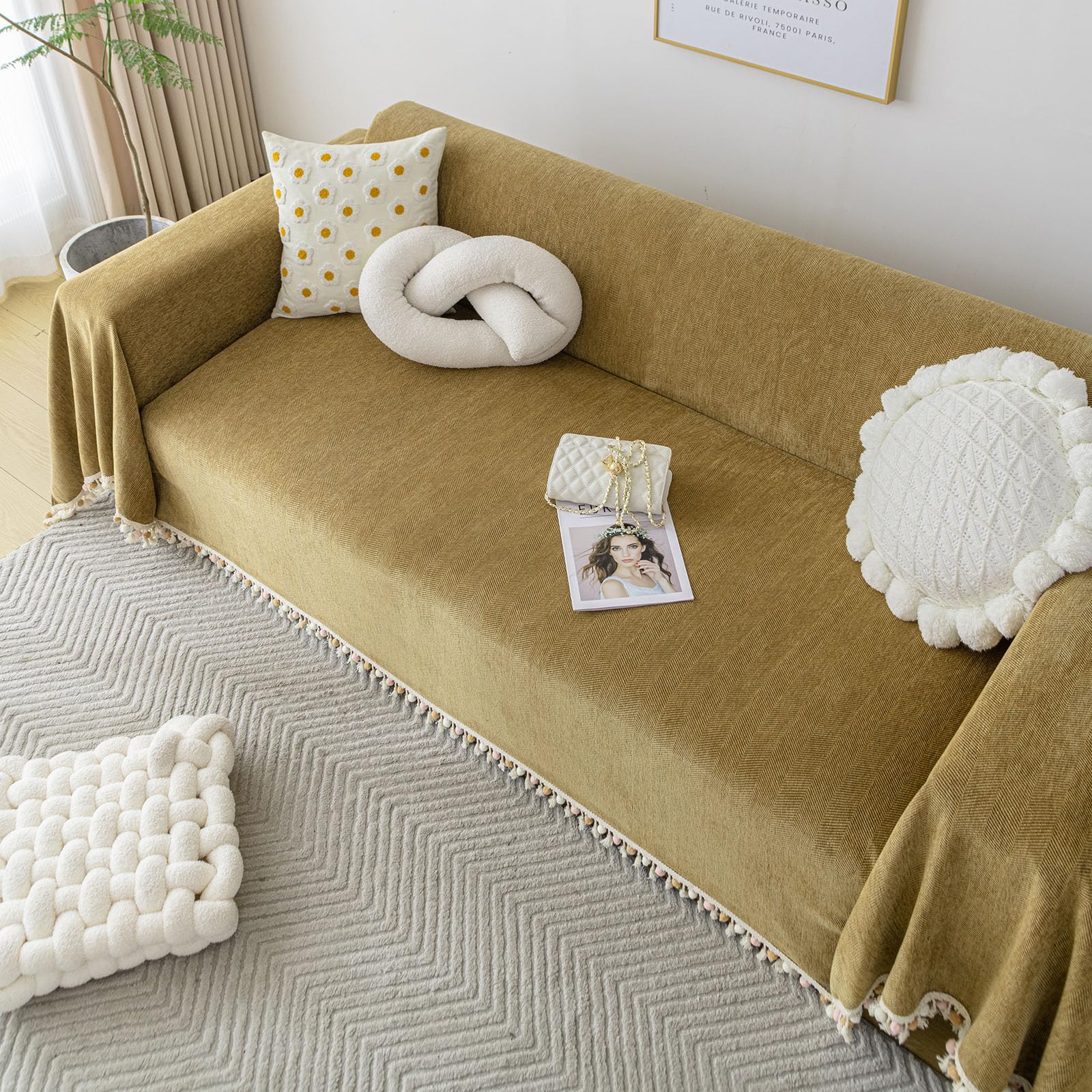 Foto 7 pulgar | Funda De Sofá Clife Xl De Chenilla Amarilla Mostaza 180 X 340 Cm - Venta Internacional.