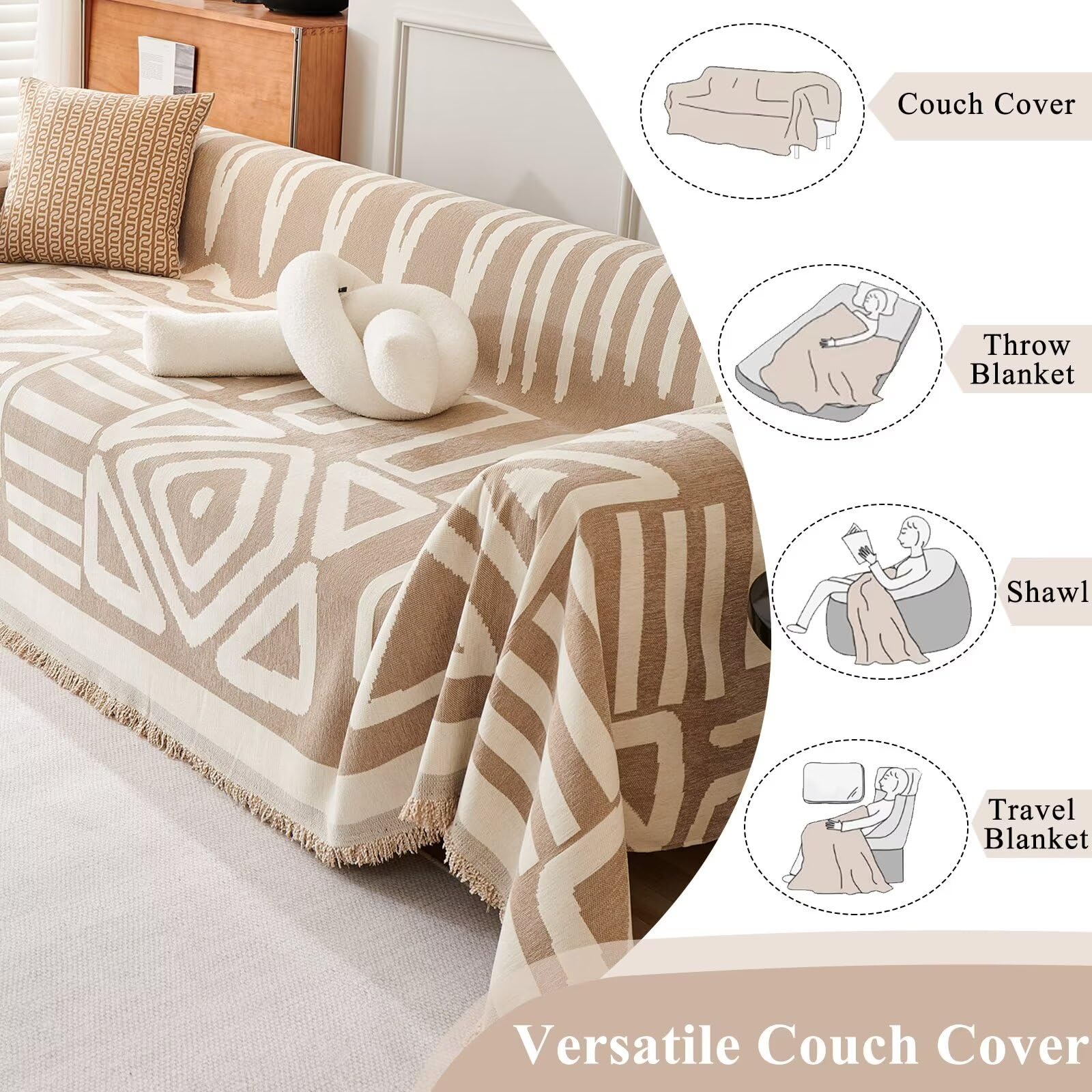 Foto 6 pulgar | Funda De Sofá Vclife Boho De Chenilla Transpirable Y Lavable, Color Beige - Venta Internacional.