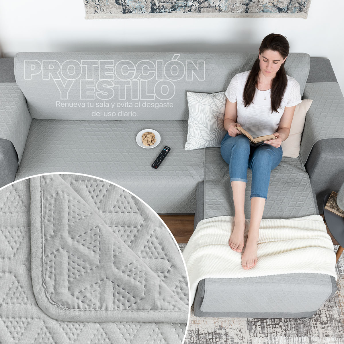 Foto 4 pulgar | Protector Cubresala Funda Sofá En Forma De L Real Textil Gris Claro