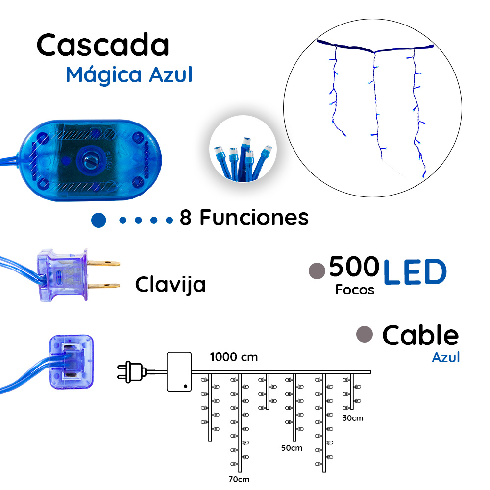 Foto 2 | Serie Decorativa Genérico L554431 Estilo Cascada Luz Led Azul Foco Tipo Micrófono 8 Funciones Cable 8 m