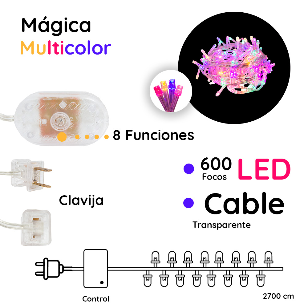 Foto 2 | Serie Decorativa Luz Led color Blanca Fría 600 Focos 8 Funciones Cable Transparente 30 m