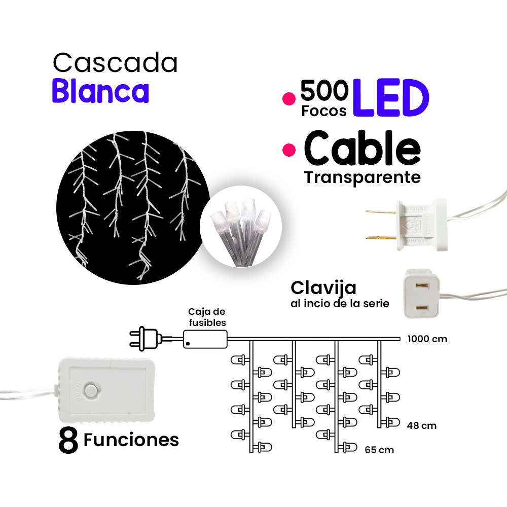 Foto 3 pulgar | Cascada Luz Led color Blanca Fría 500 Focos 8 Funciones Cable Transparente 9 m